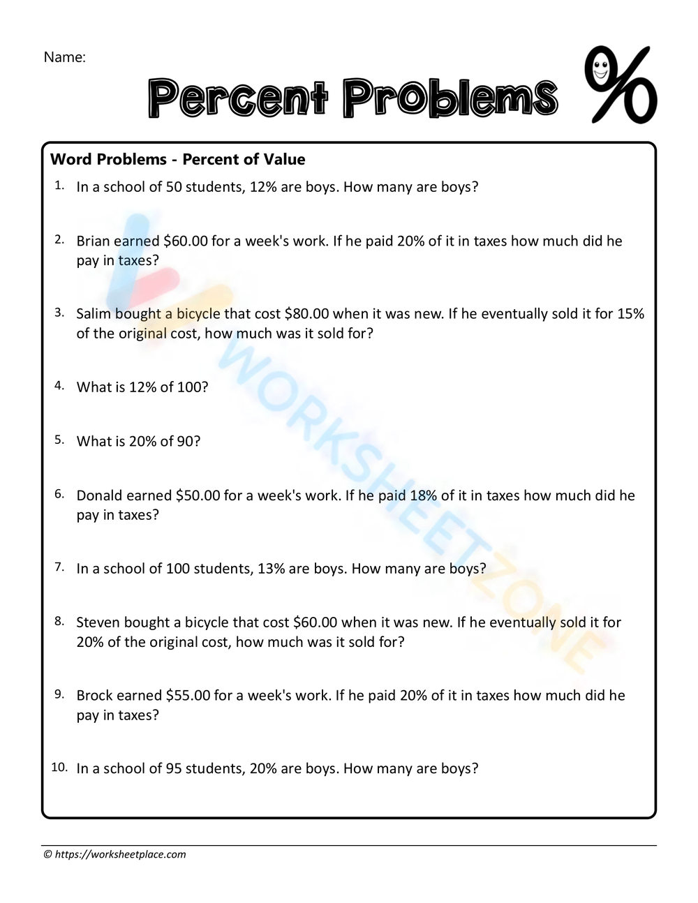 Percent Word Problems Worksheets Percent Word Problems Worksheets