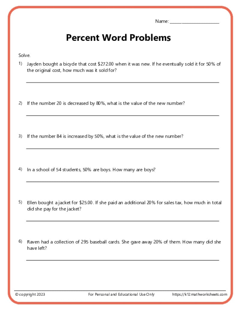 Percent Word Problems Worksheets K12 Math Worksheets Percentage Word Problem Worksheet 1 Practice Exercises And Solutions Studocu