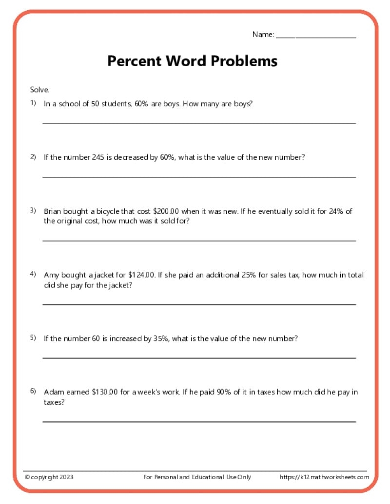 Percent Word Problems Worksheets K12 Math Worksheets