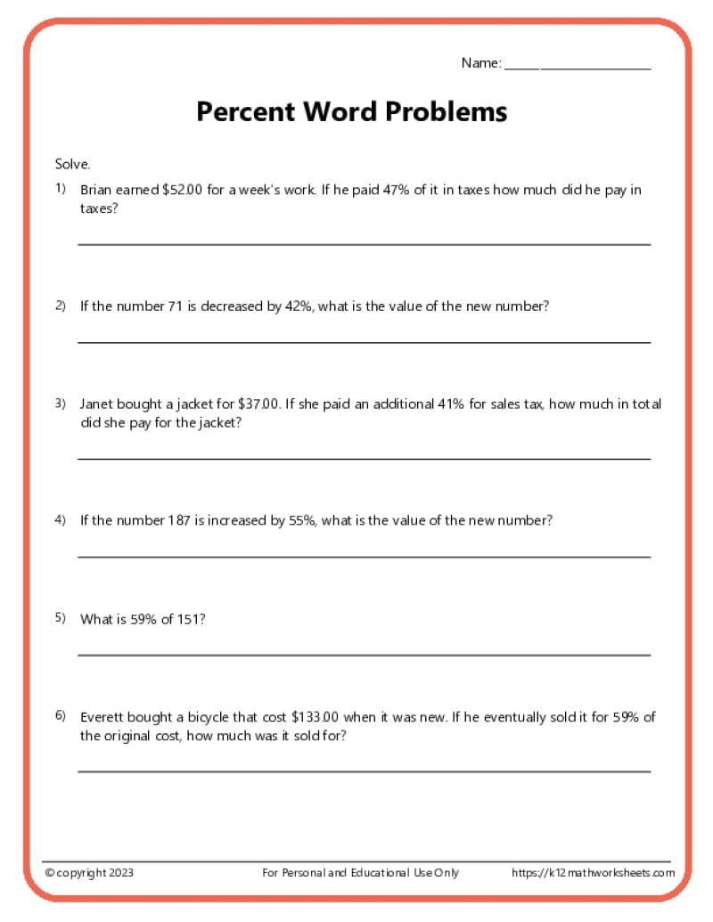 6th Grade Percent Word Problems