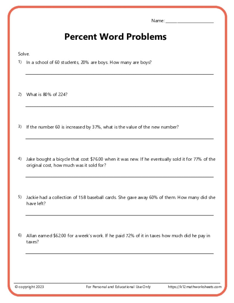 Percent Word Problems Worksheets K12 Math Worksheets