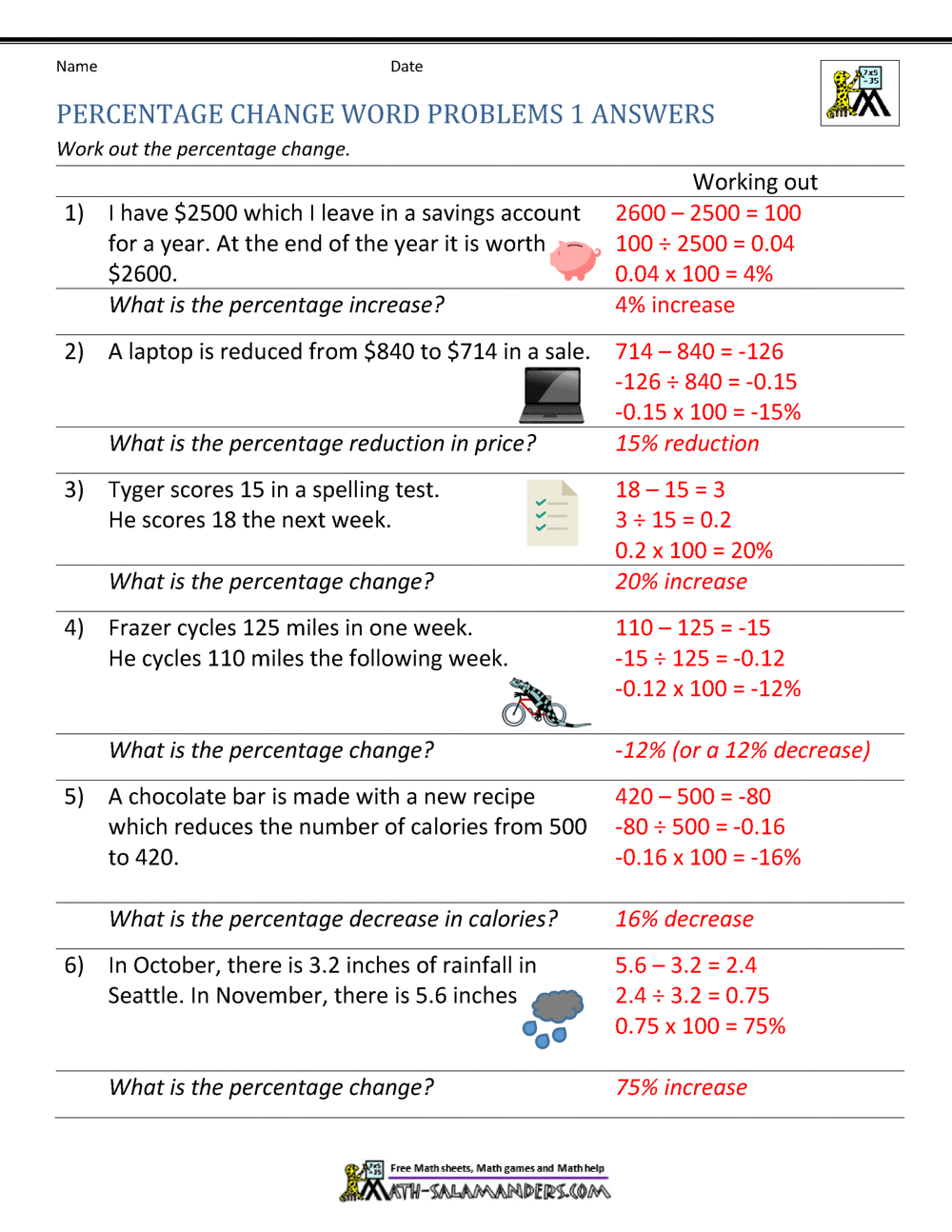 Percentage Increase And Decrease Worksheets