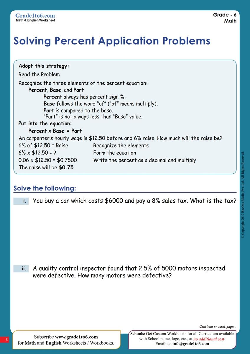 Percentage Word Problems Worksheet Grade1to6