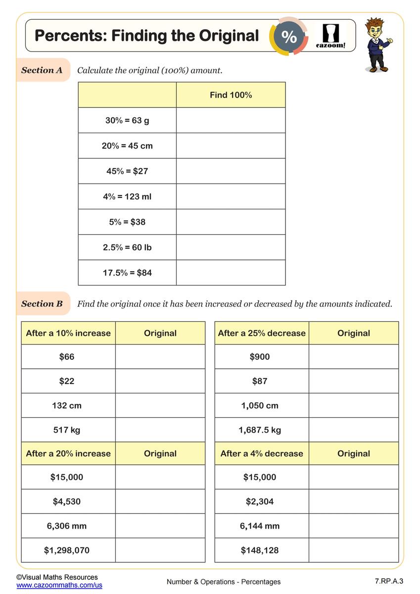 Percents Finding The Original Worksheet PDF Printable Number Operations Worksheet Cazoom Math