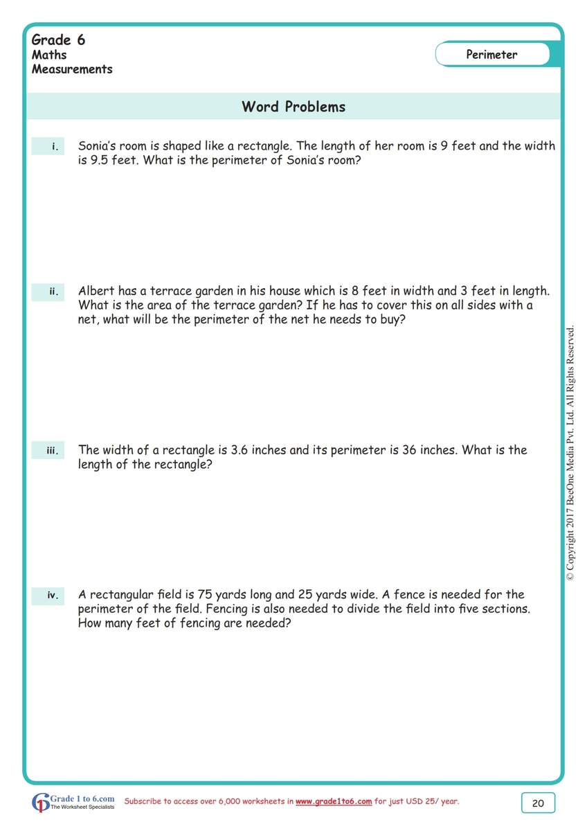 Perimeter Word Problems Worksheets Grade1to6