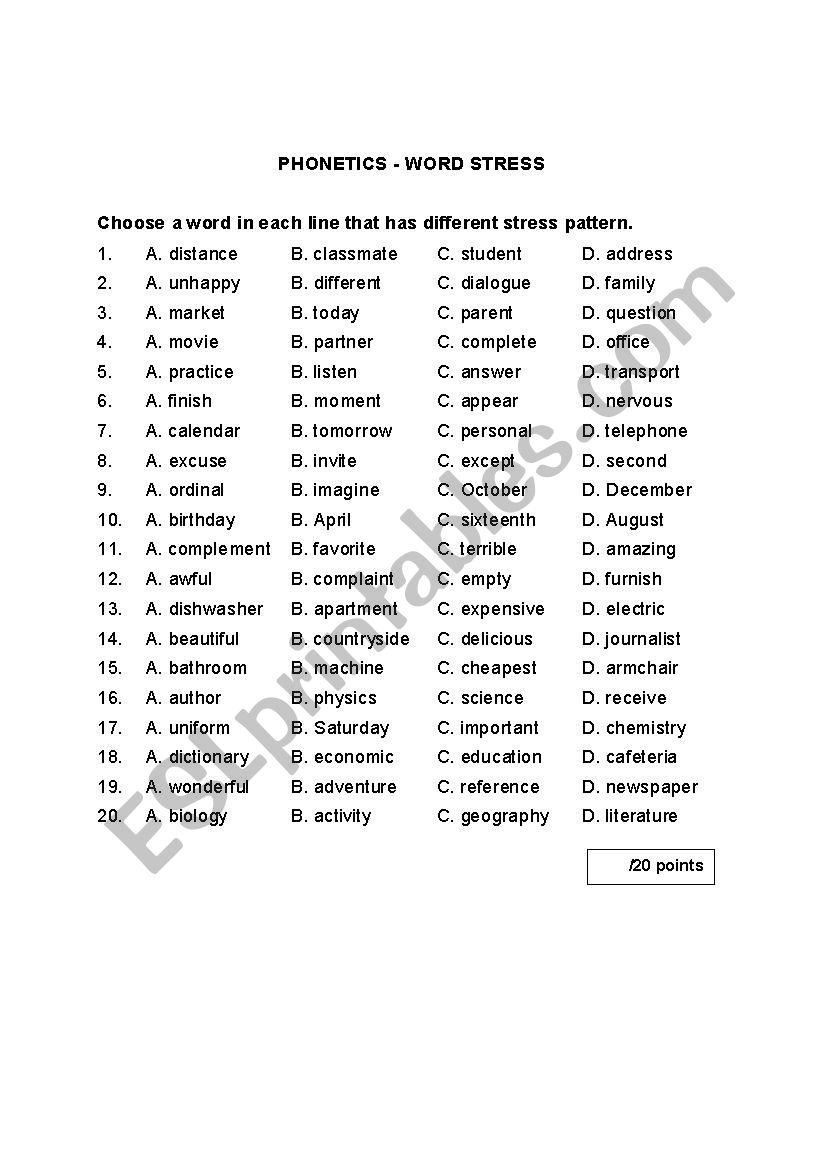 Phonetics Word Stress 1 ESL Worksheet By Mia2806