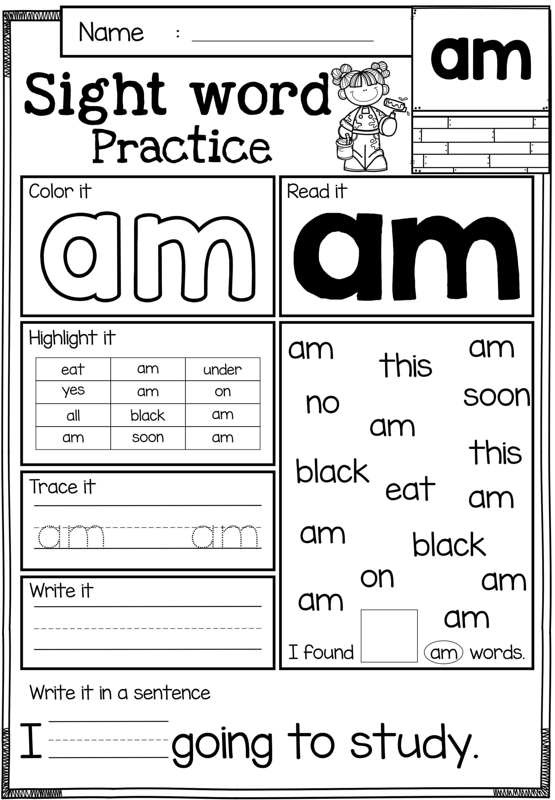 Sight Word Am 1st Grade Worksheets Home Schooling Kindergarten Learning Activities Reading Printable Sight Words Teaching Resources Etsy
