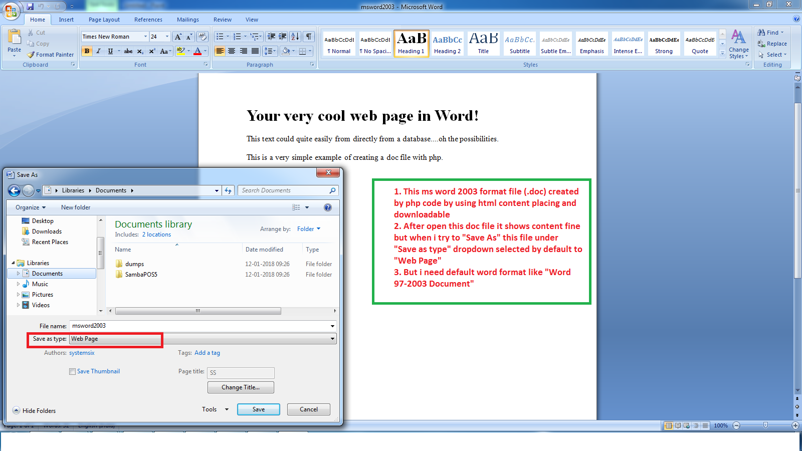 Php MS Word doc File Save As Type Should Be Word 97 2003 Not Web Page Stack Overflow