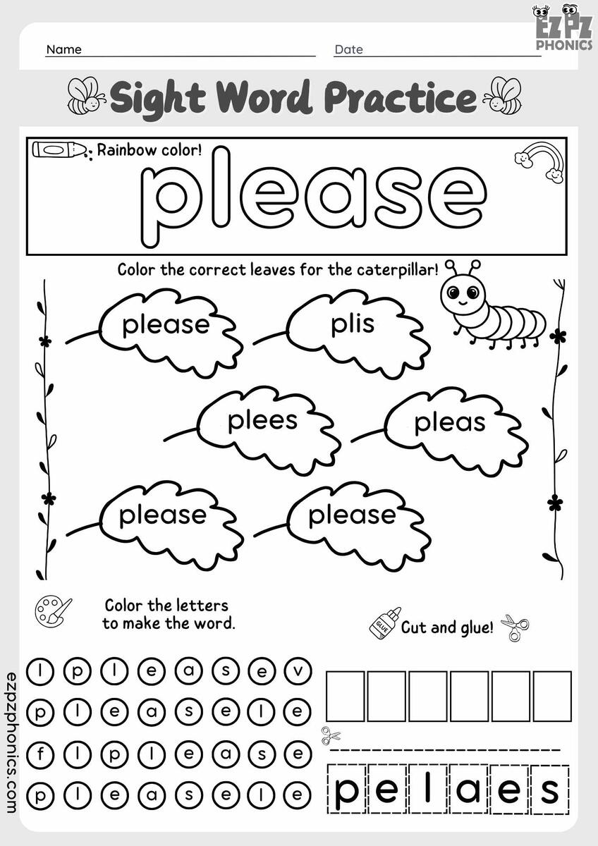 Please Kindergarten Sight Word Coloring And Cut And Paste Activities Ezpzphonics Butterfly Sight Word Worksheet Free Printable Digital PDF