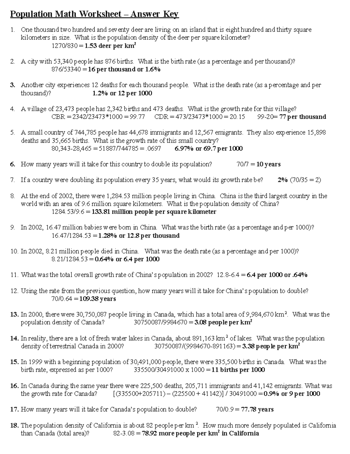 Population Math Worksheet Answer Key Extra Problems Studocu