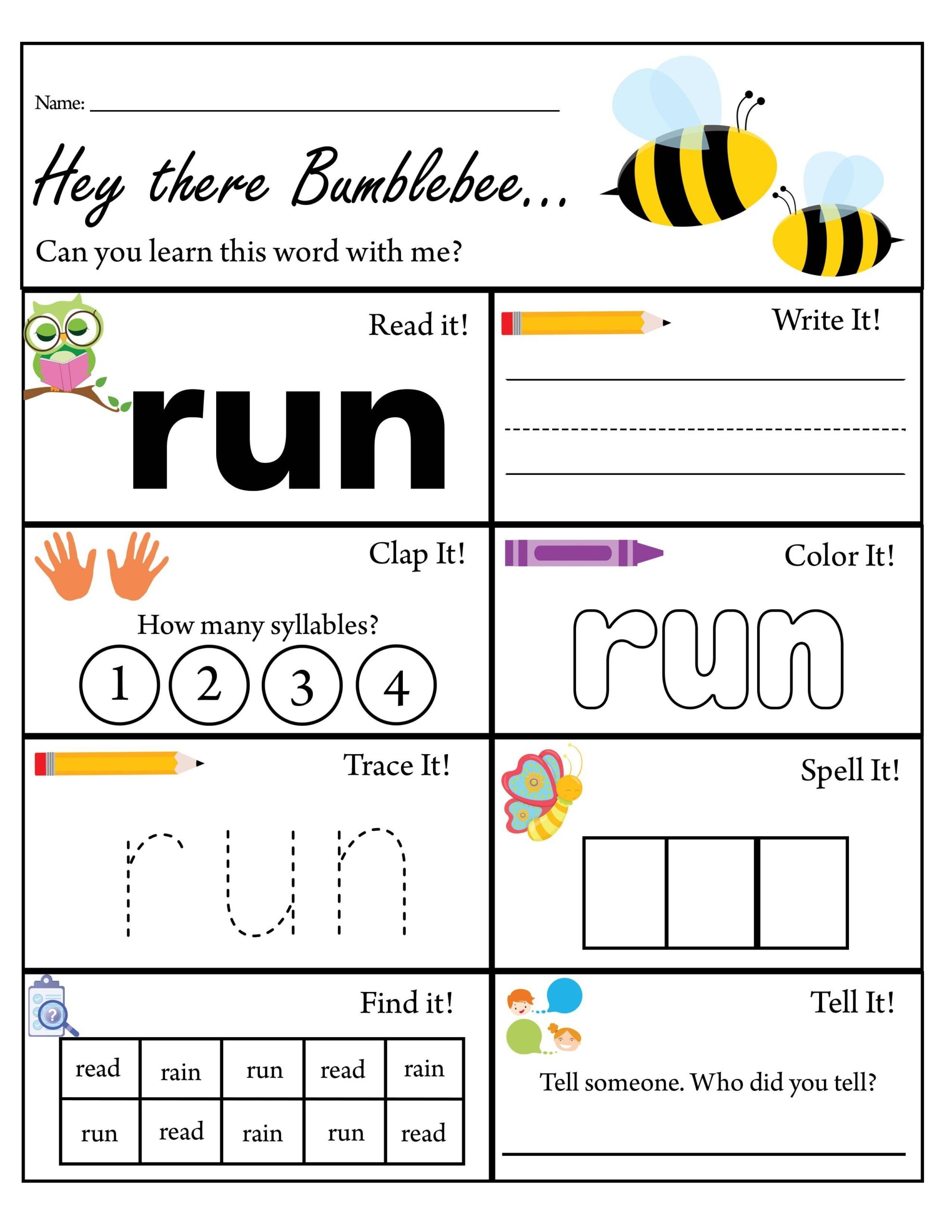 Pre K Sight Word Run Worksheet Dolch Sight Words TPT