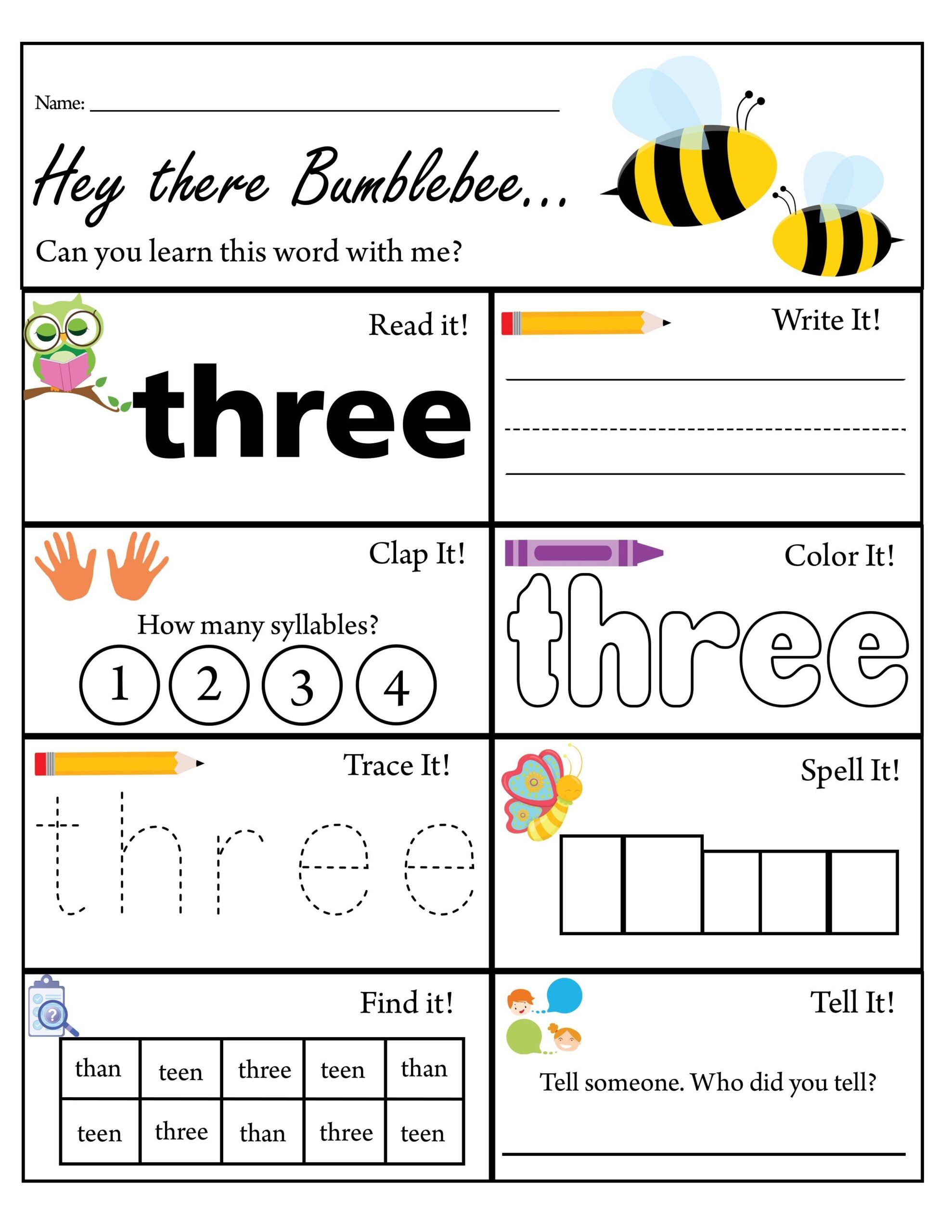 Pre K Sight Word Three Worksheet Dolch Sight Words TPT