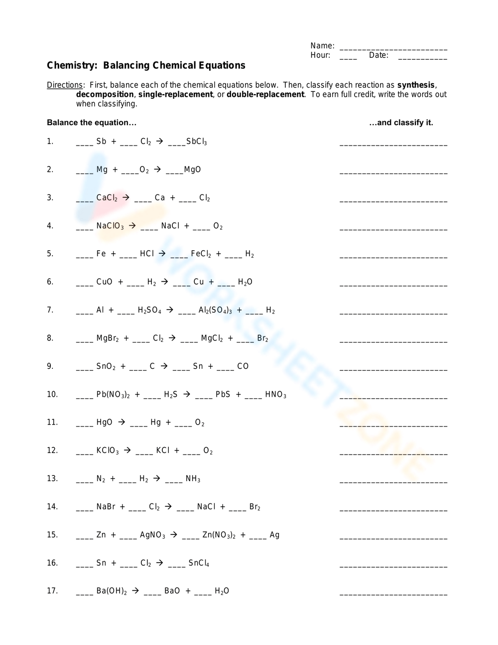 Printable Balancing Chemical Equations Worksheets Printable Balancing Chemical Equations Worksheets