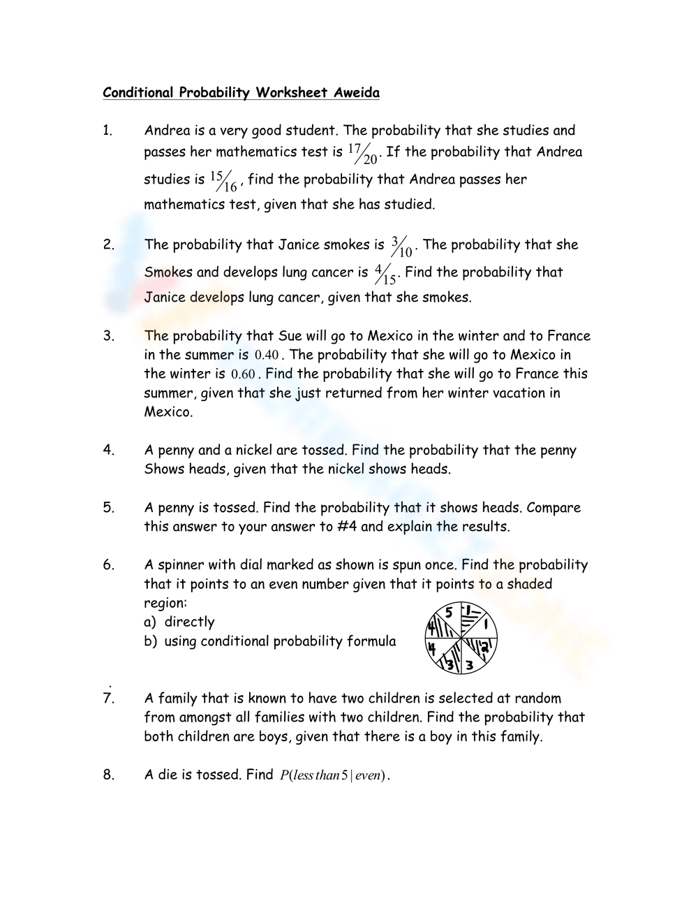 Printable Conditional Probability Worksheets