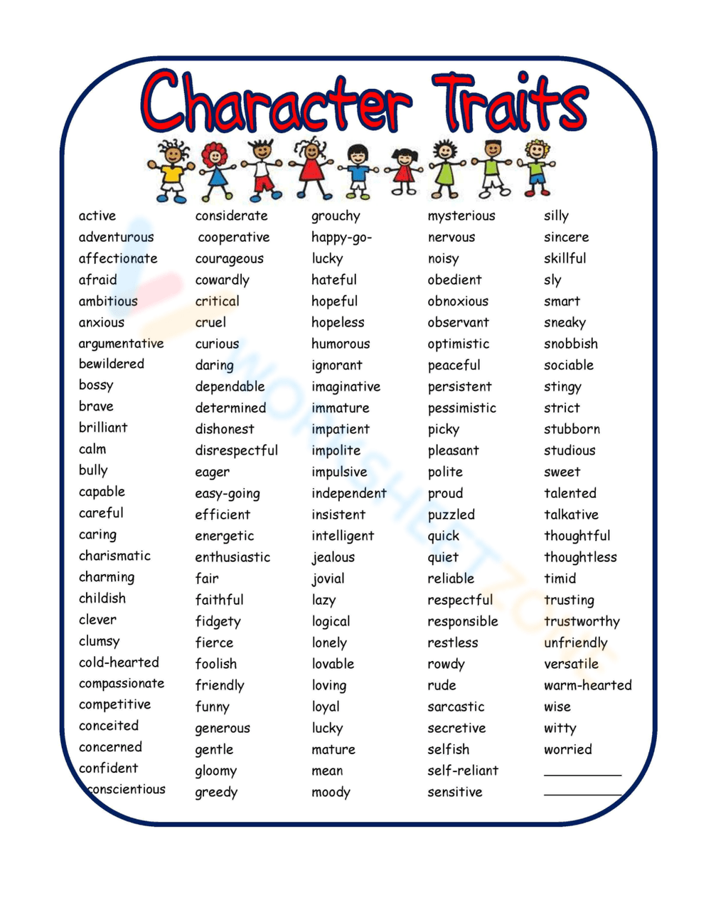 Printable Grade 1 Character Traits Worksheets