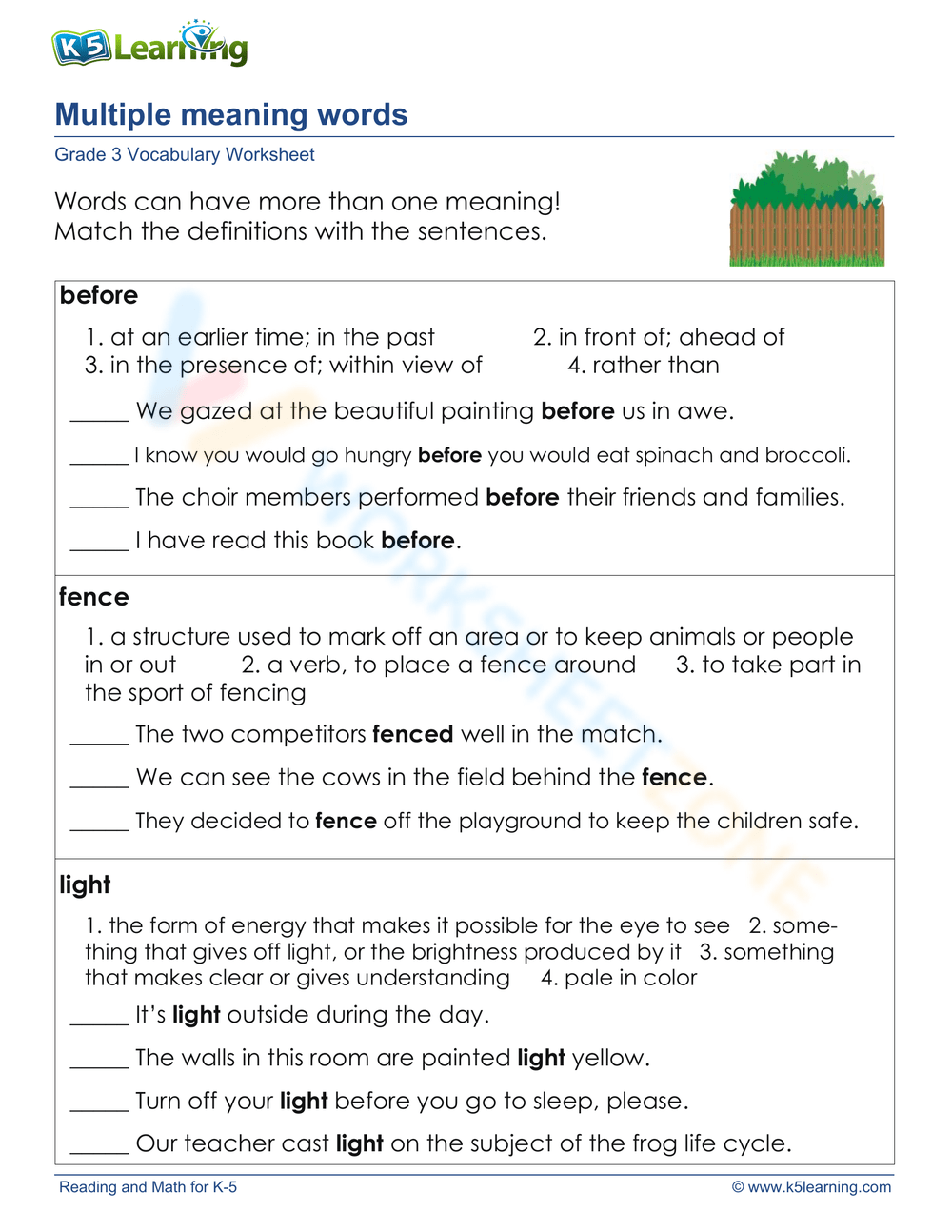 Printable Grade 11 Multiple Meaning Words Worksheets Download