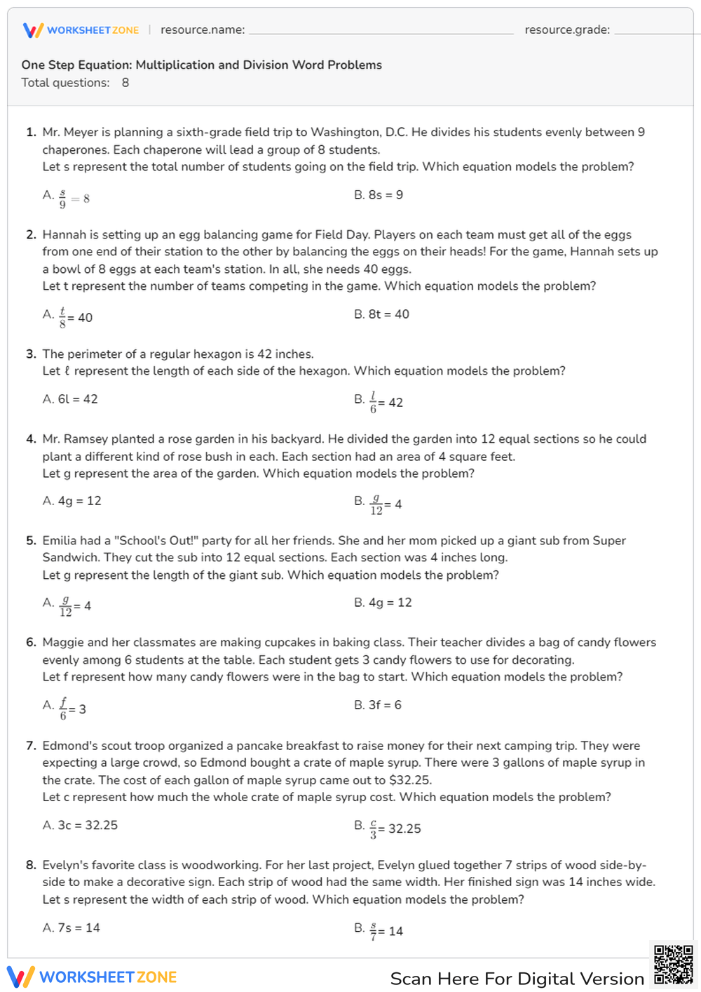 Printable Grade 6 One Step Equations Quiz Worksheets Printable Grade 6 One Step Equations Quiz Worksheets