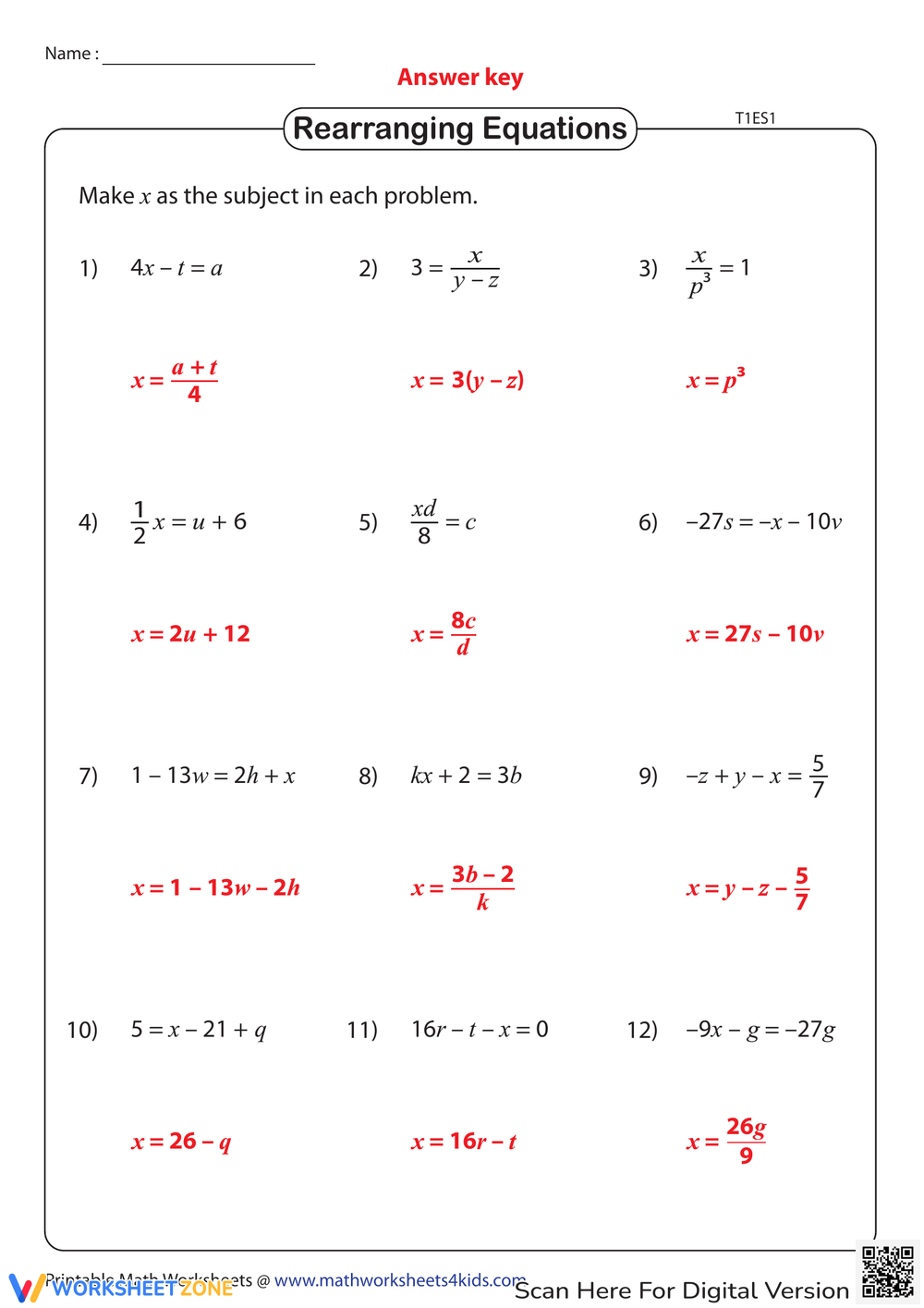 Printable Grade 8 Solving Literal Equations Worksheets Printable Grade 8 Solving Literal Equations Worksheets