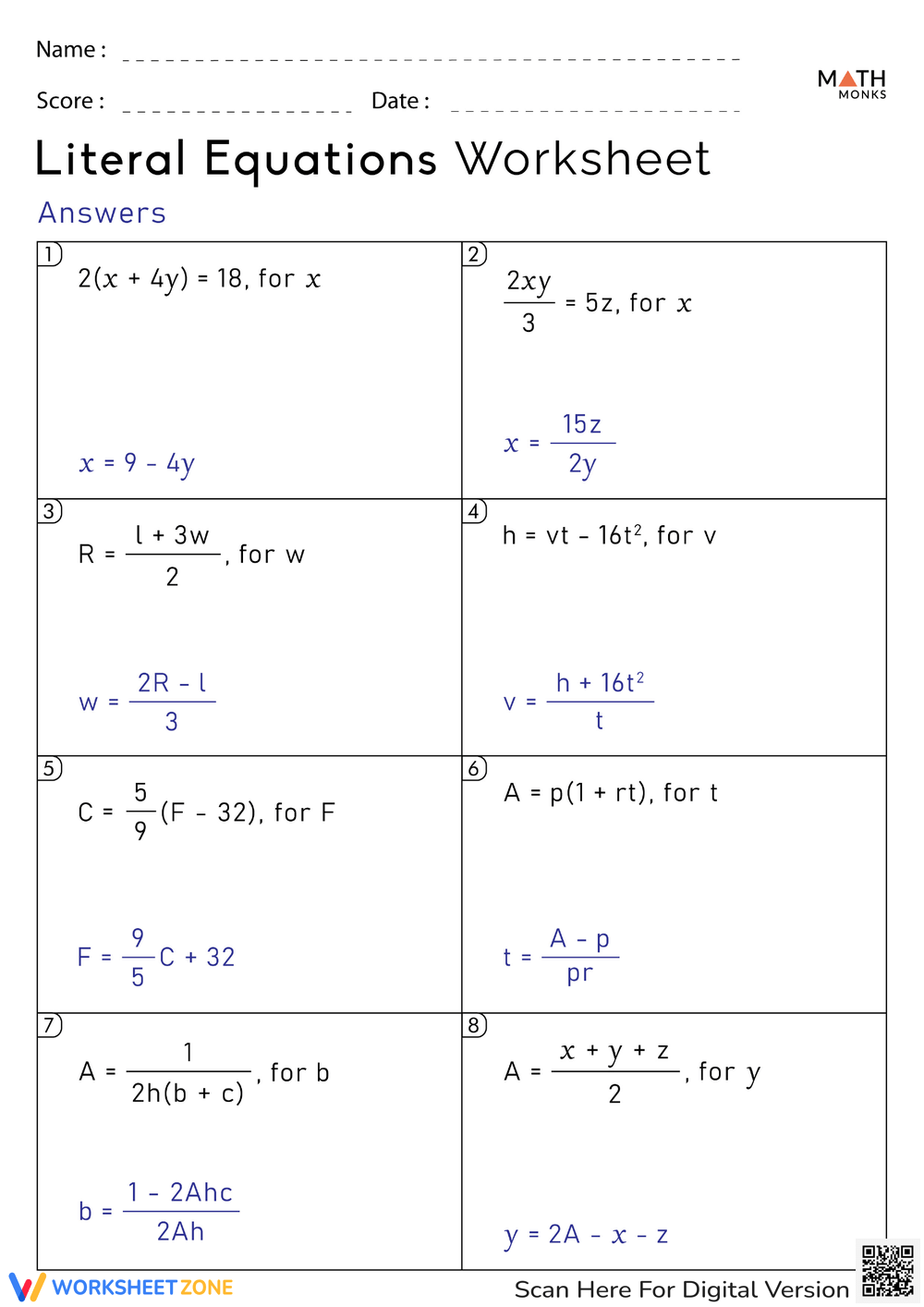Printable Grade 8 Solving Literal Equations Worksheets Printable Grade 8 Solving Literal Equations Worksheets