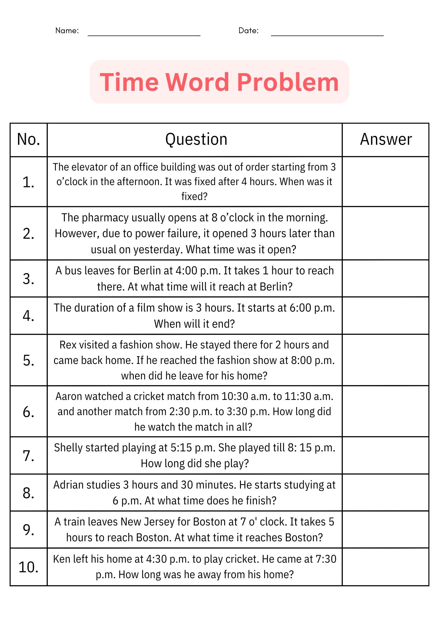Printable Telling Time And Elapsed Time Word Problems Worksheets For Grade 1 2 Made By Teachers Printable Telling Time And Elapsed Time Word Problems Worksheets For Grade 1 2 Made By Teachers