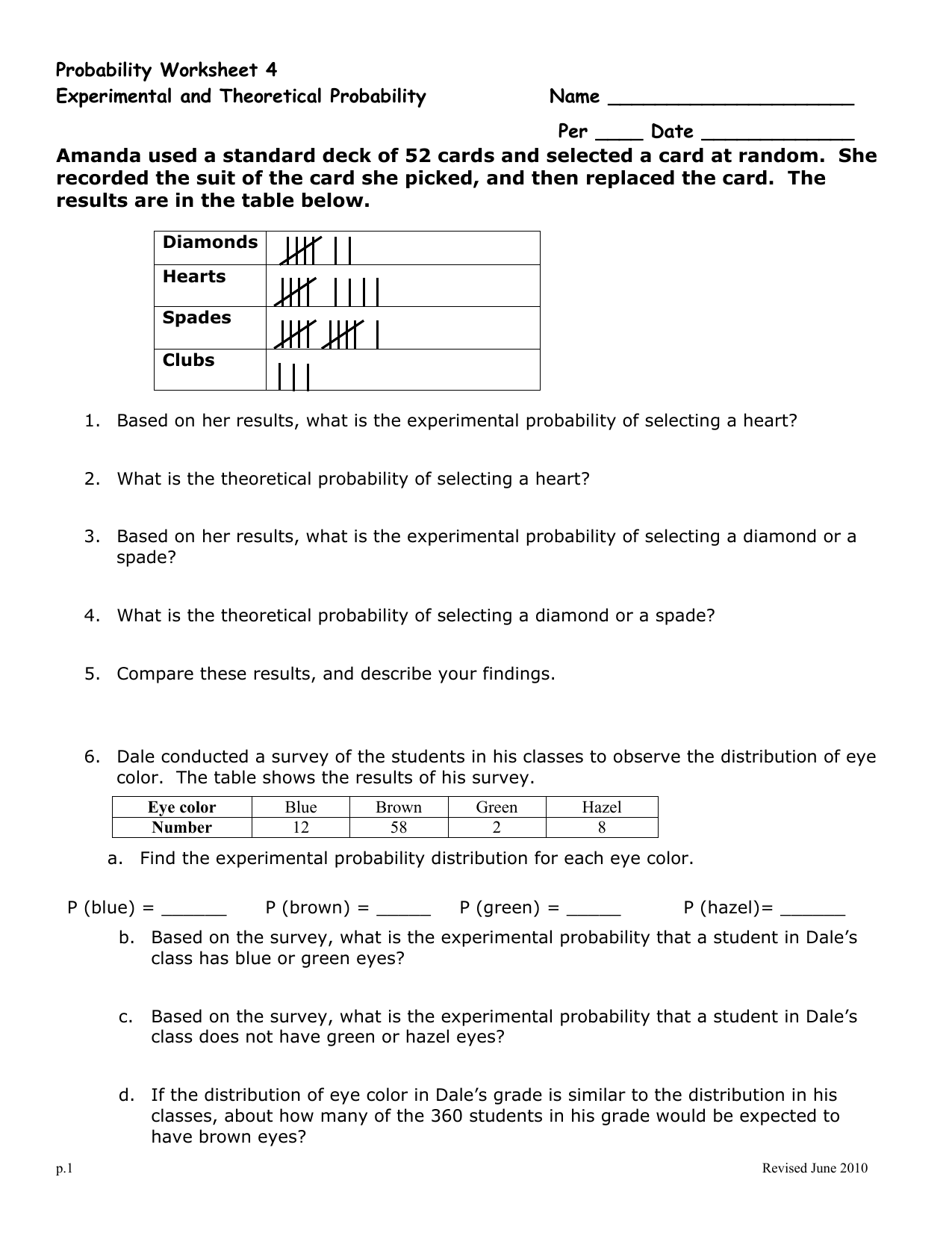 Probability Worksheet Experimental Theoretical Probability
