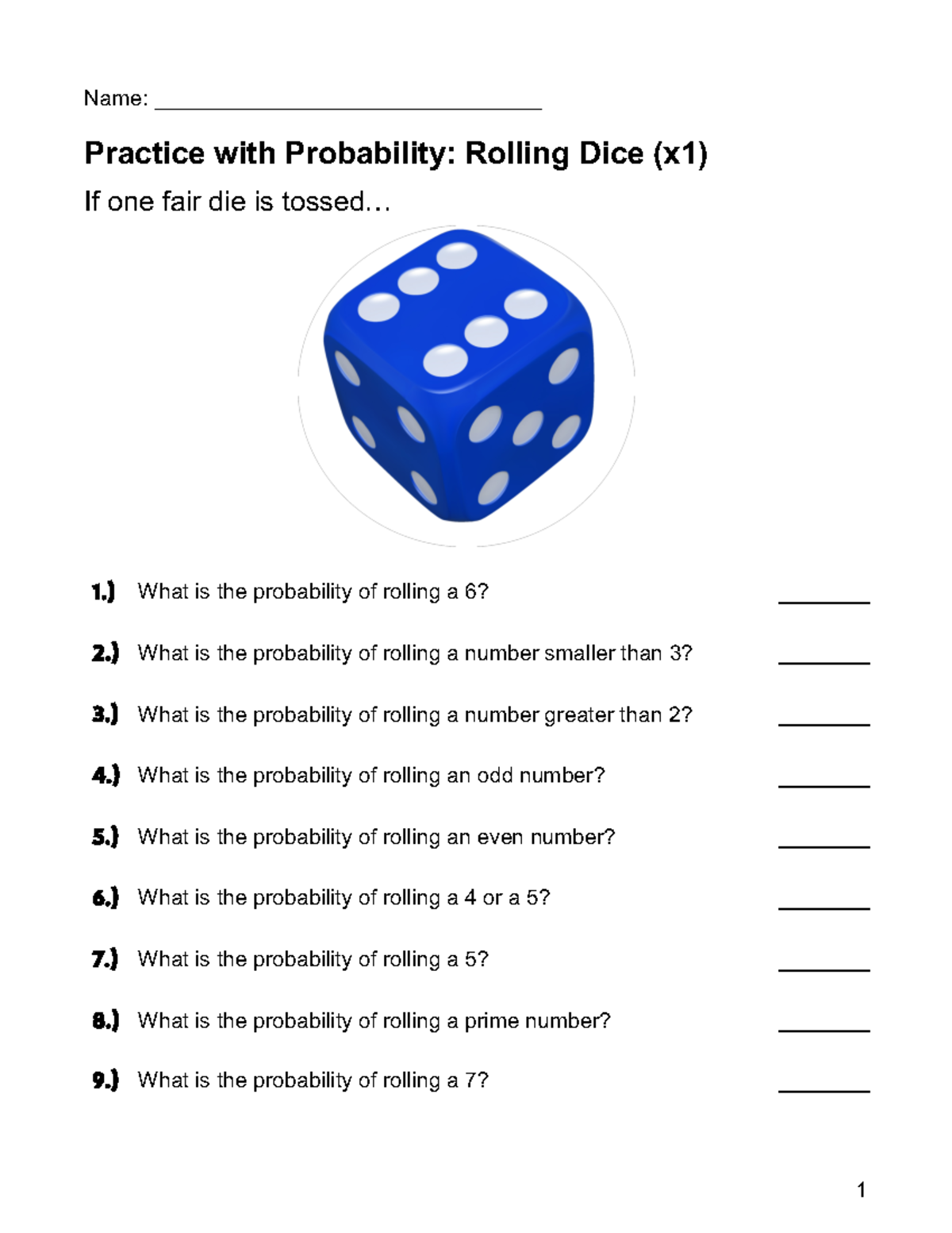 Probability Worksheet Rolling Dice Answer Key Studocu