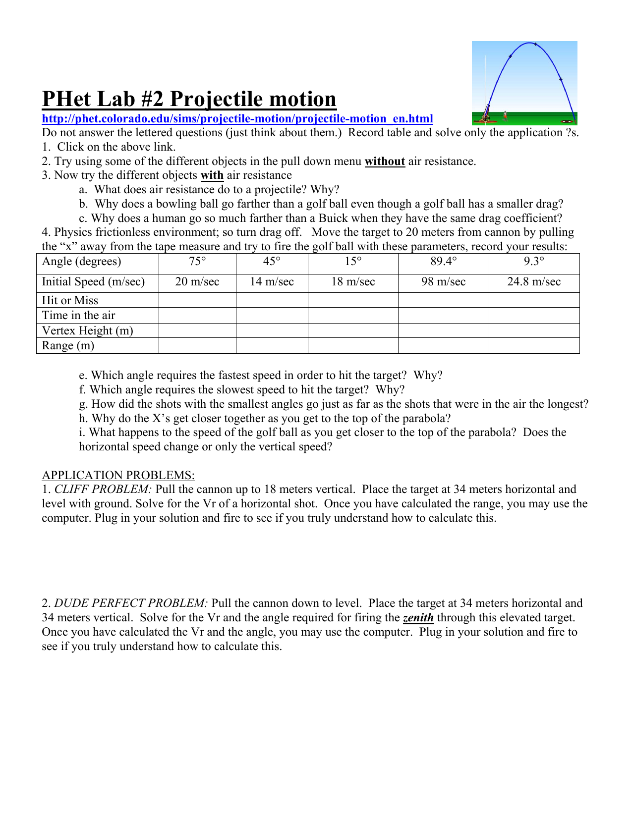 Projectile Motion Lab PhET Simulation Worksheet