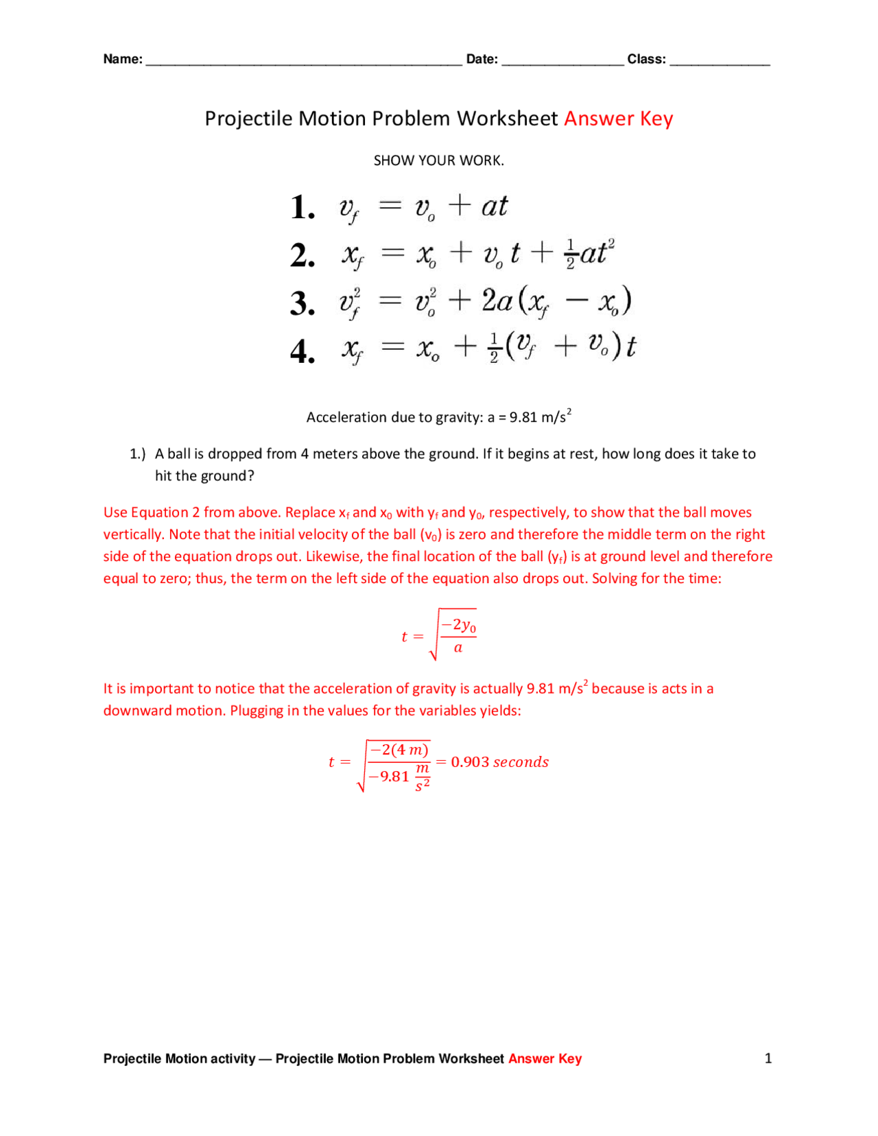 Projectile Motion Problem Worksheet Answer Key Exercises Physics Docsity