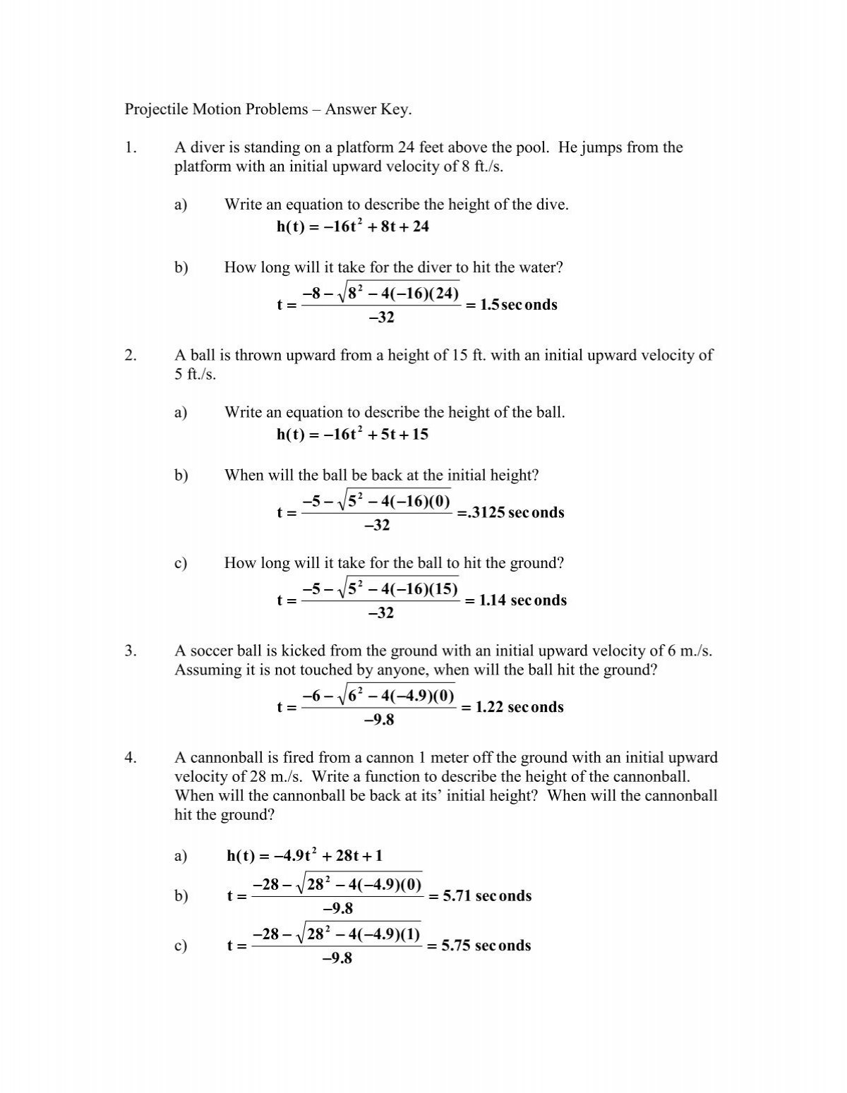 Projectile Motion Problems Answer Key 1 A Diver Is Standing On A