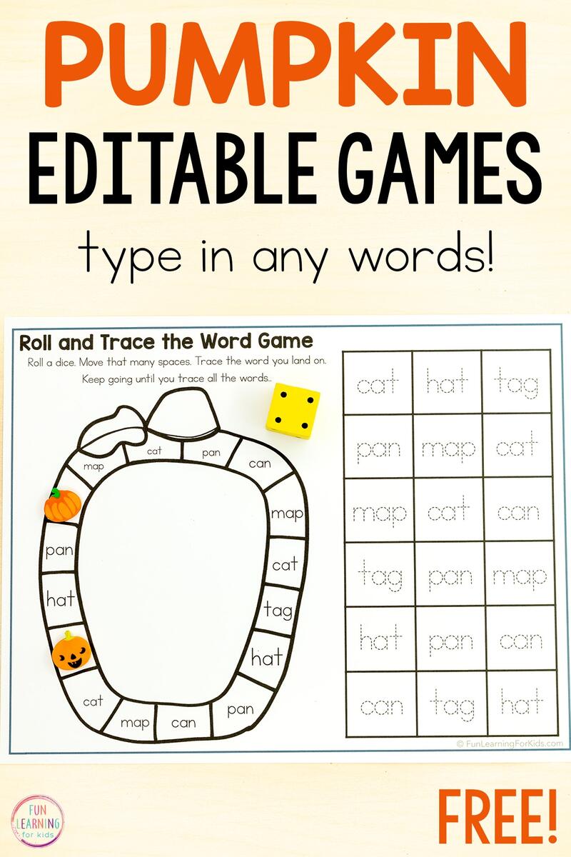 Pumpkin Editable Board Game Worksheets For Math Or Literacy Printable Vacation Word Search For Kids Tree Valley Academy