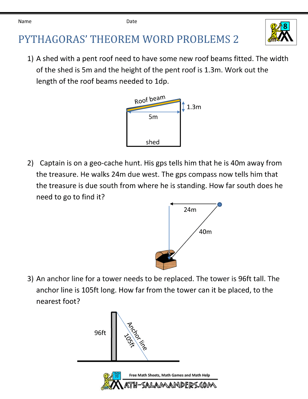 Pythagorean Theorem Word Problems With Clues Worksheet 8th Grade PDF Worksheets Cazoom Math