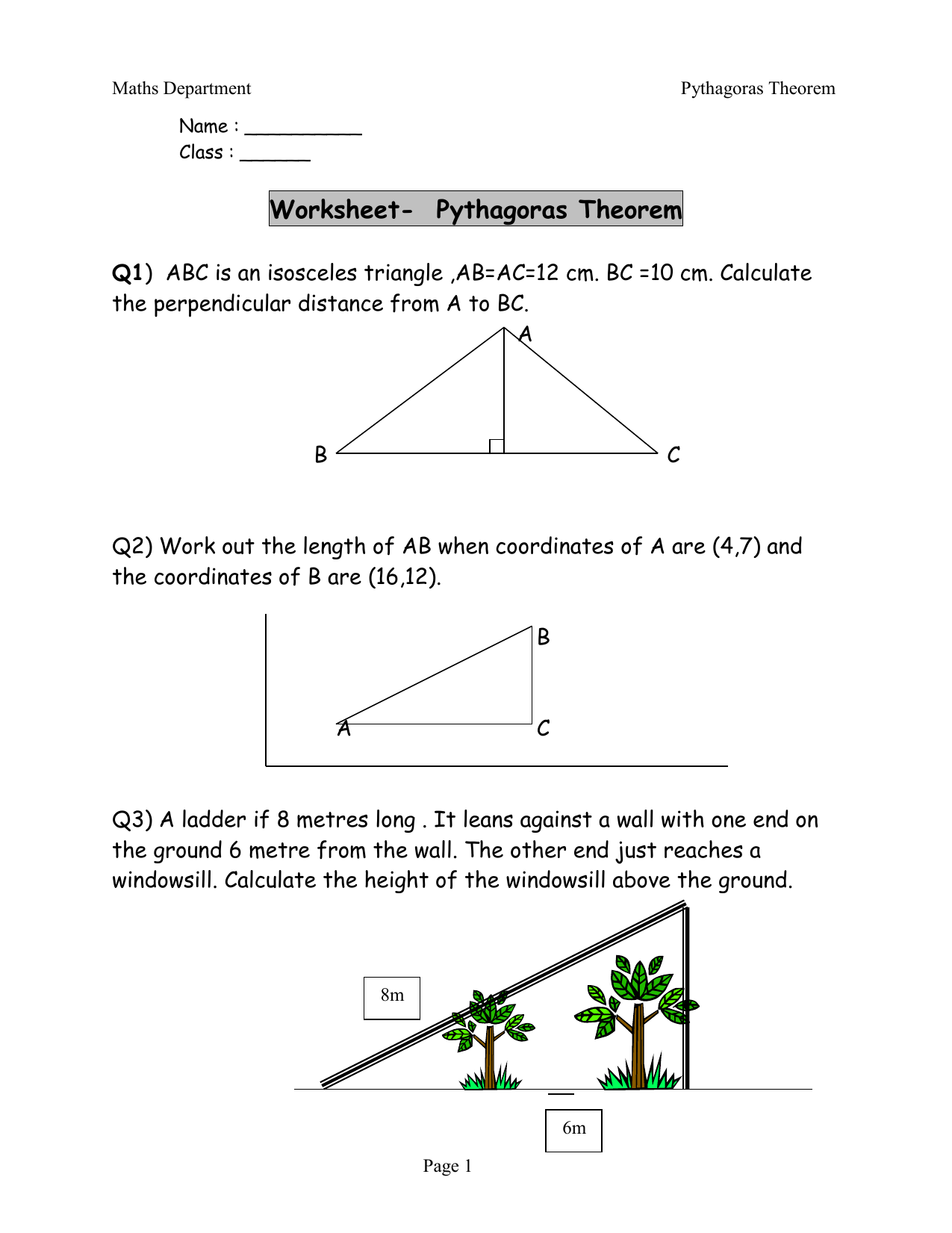 Pythagoras Theorem Worksheet