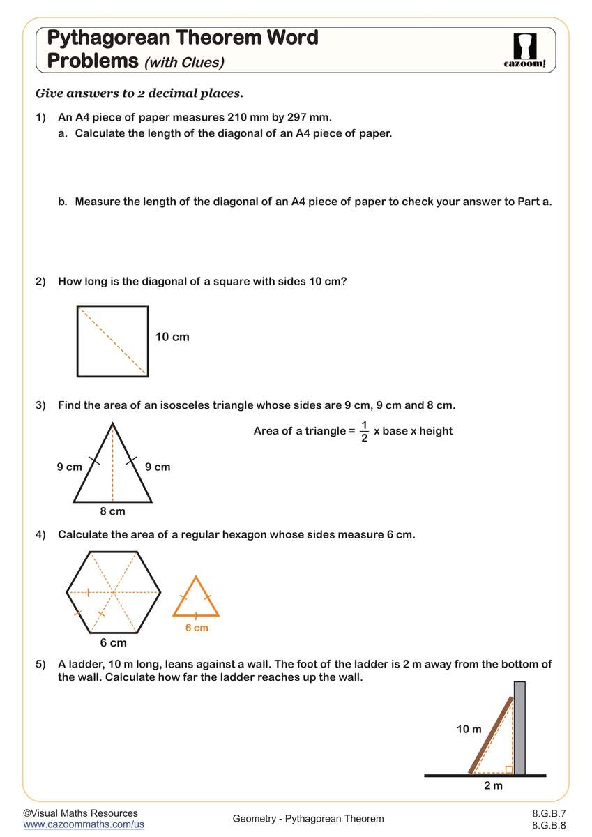 Pythagorean Theorem Word Problems With Clues Worksheet 8th Grade PDF Worksheets Cazoom Math