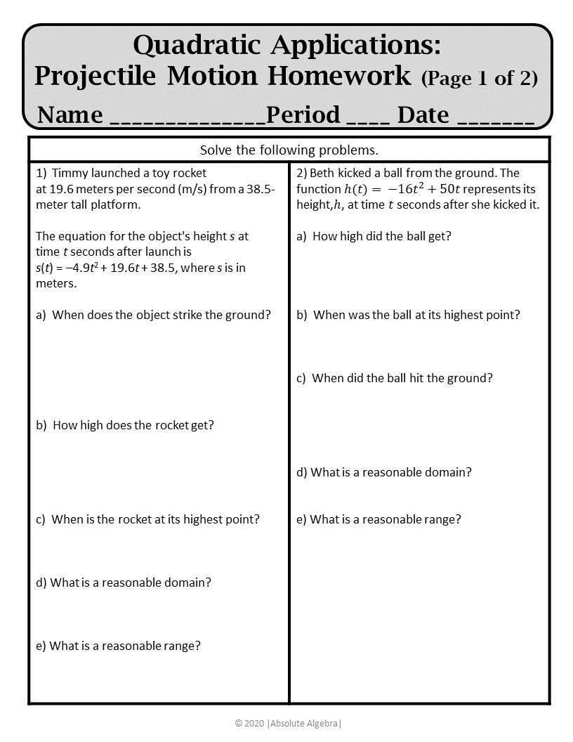 Quadratic Applications Projectile Motion Notes Practice Homework Editable U6 Absolute Algebra Quadratic Applications Projectile Motion Notes Practice Homework Editable U6 Absolute Algebra