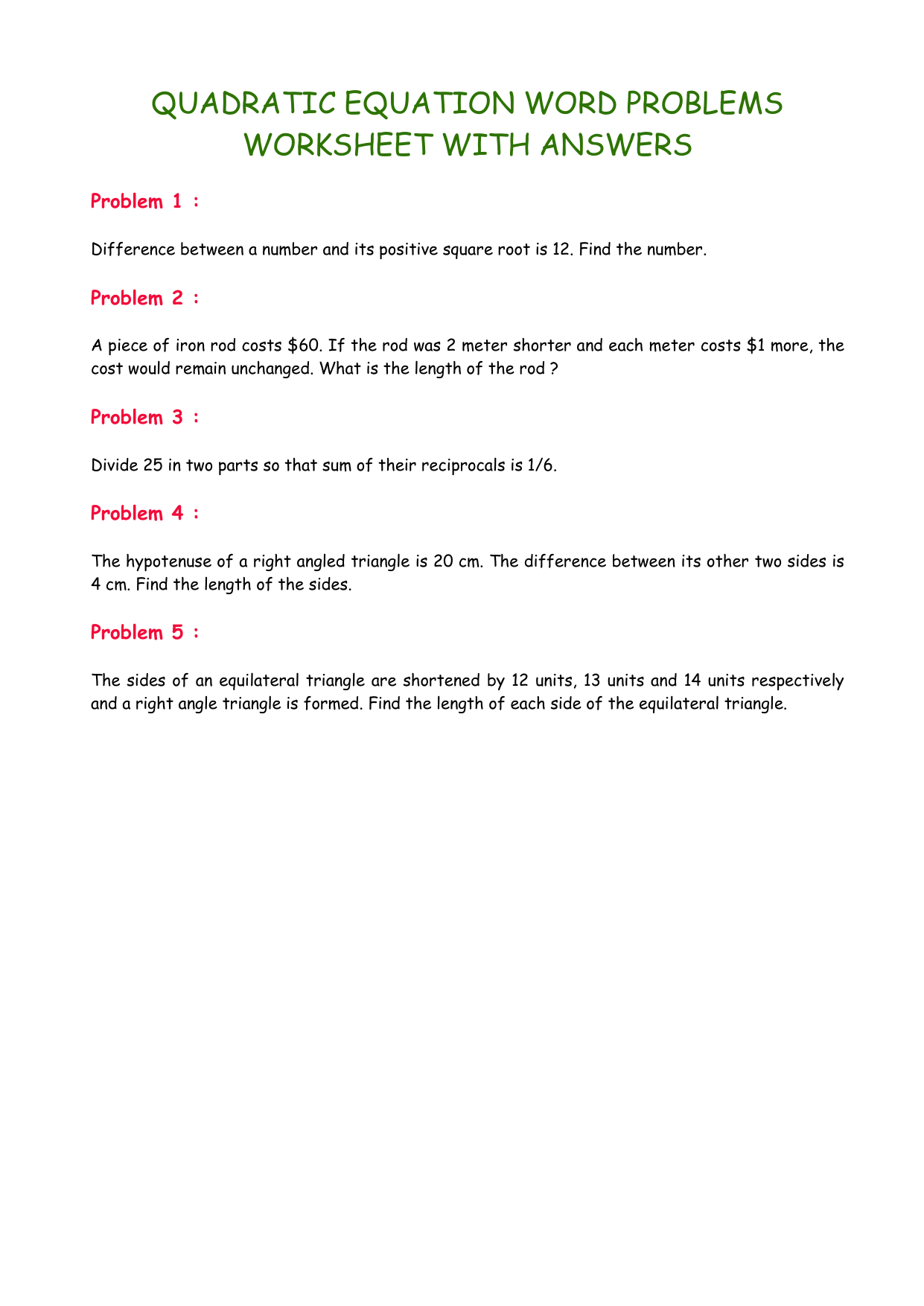 Quadratic Equation Word Problems Worksheet