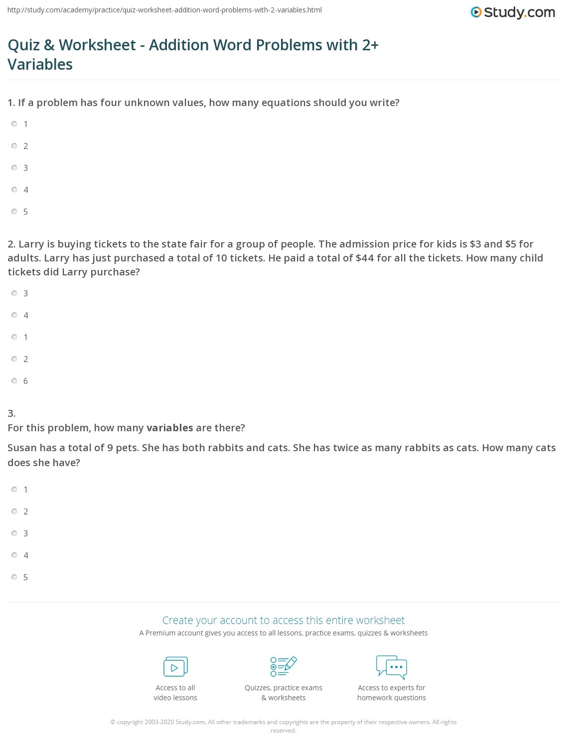 Quiz Worksheet Addition Word Problems With 2 Variables Study