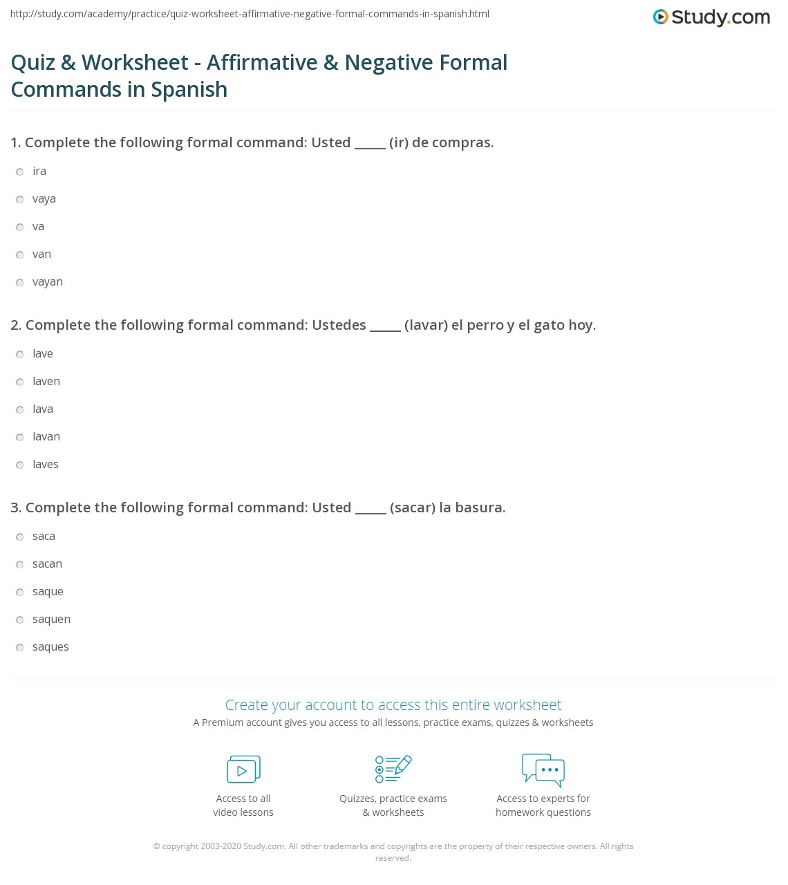 Quiz Worksheet Affirmative Negative Formal Commands In Spanish Study