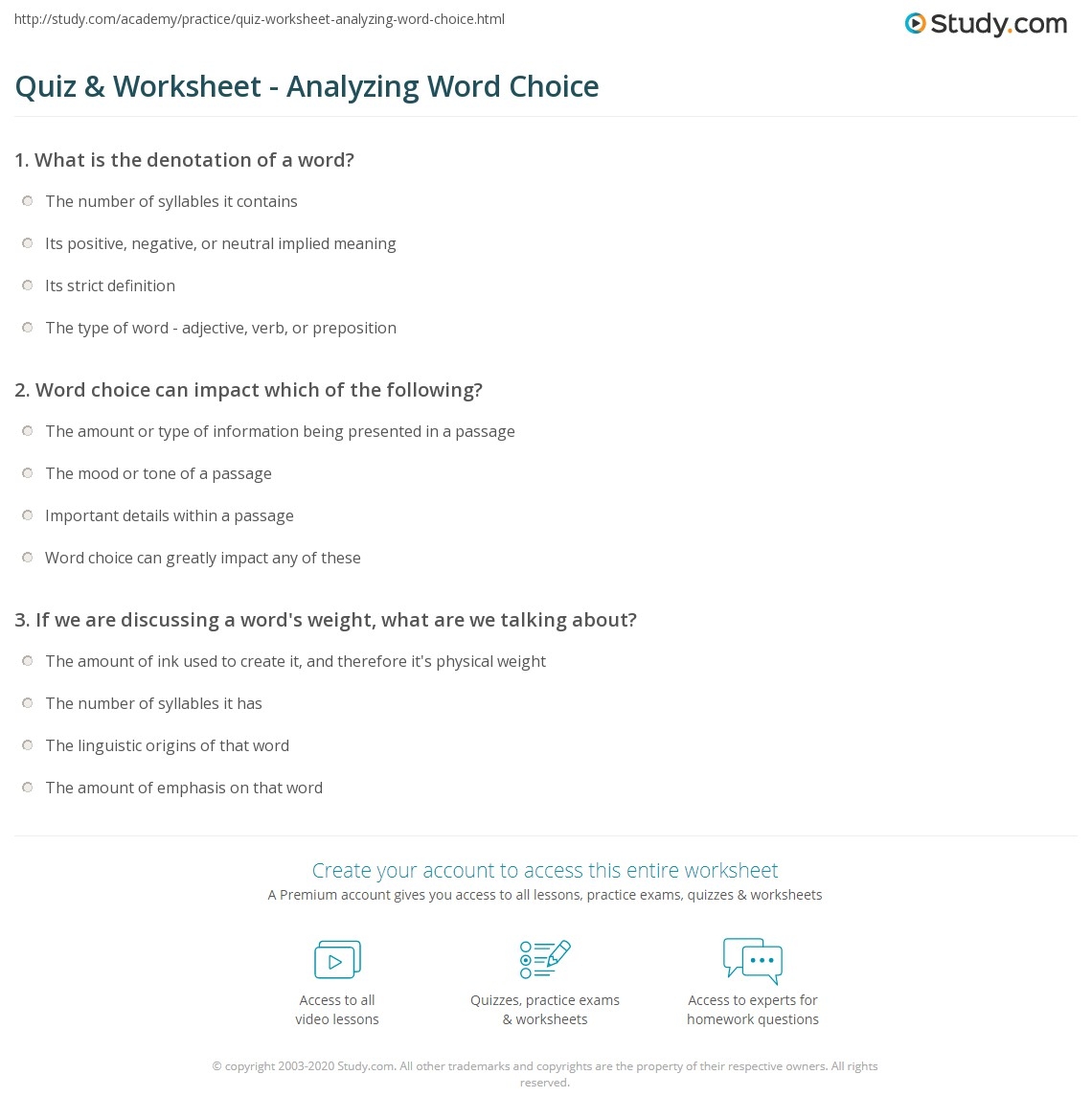 Quiz Worksheet Analyzing Word Choice Study