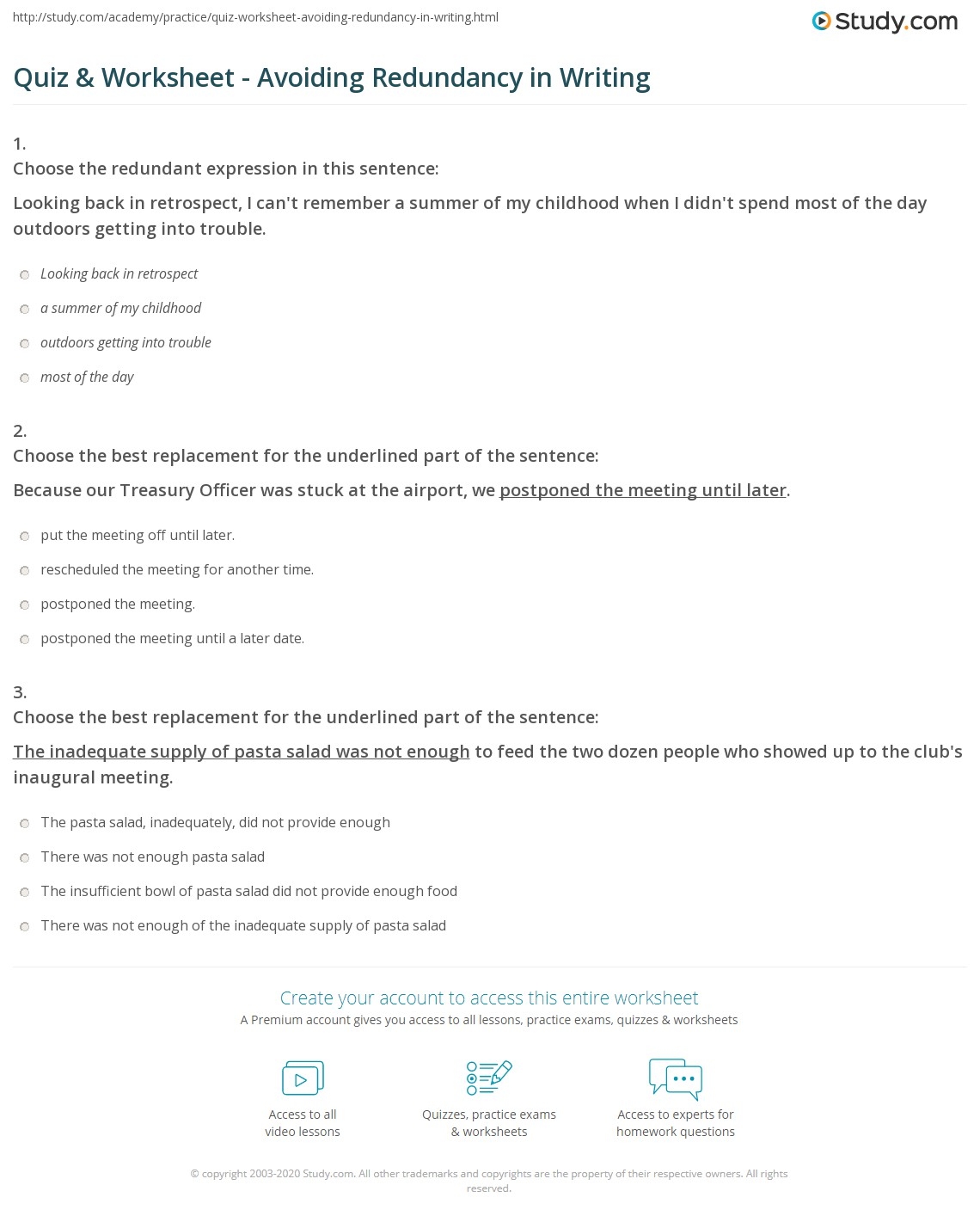 Quiz Worksheet Avoiding Redundancy In Writing Study