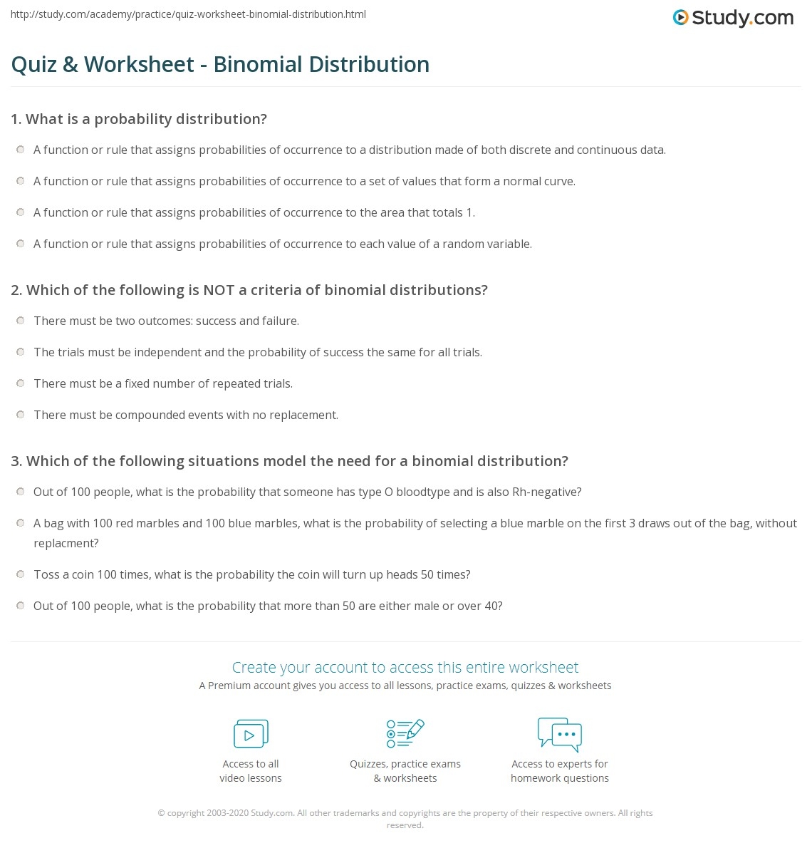 Quiz Worksheet Binomial Distribution Study Quiz Worksheet Binomial Distribution Study
