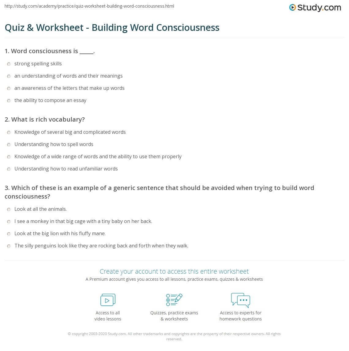 Quiz Worksheet Building Word Consciousness Study