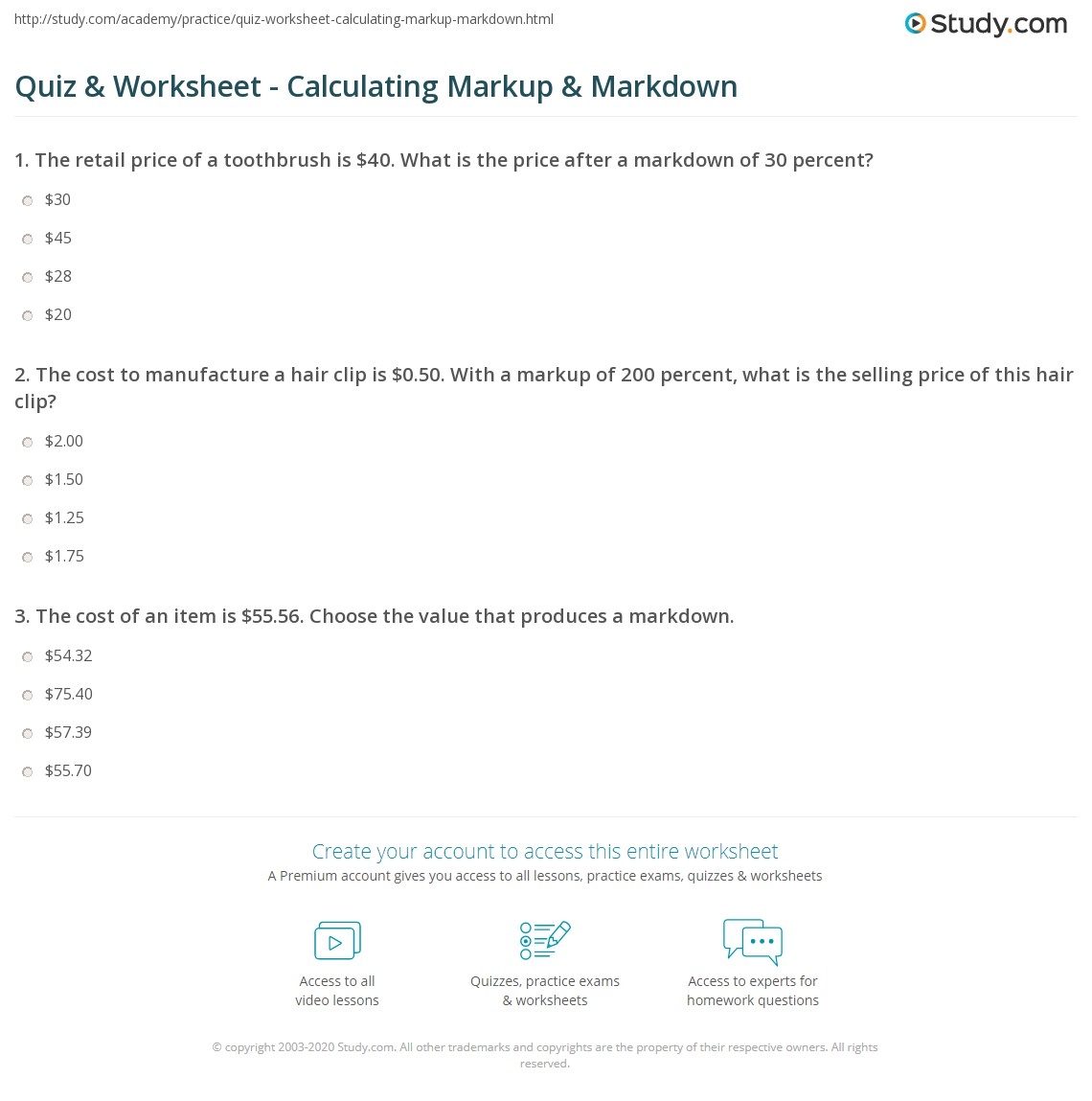 Quiz Worksheet Calculating Markup Markdown Study