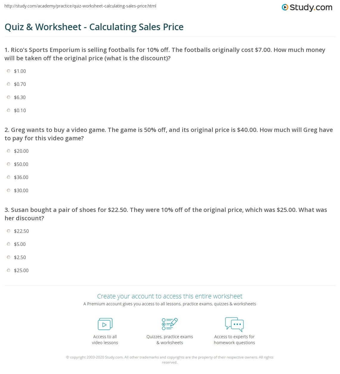 Quiz Worksheet Calculating Sales Price Study