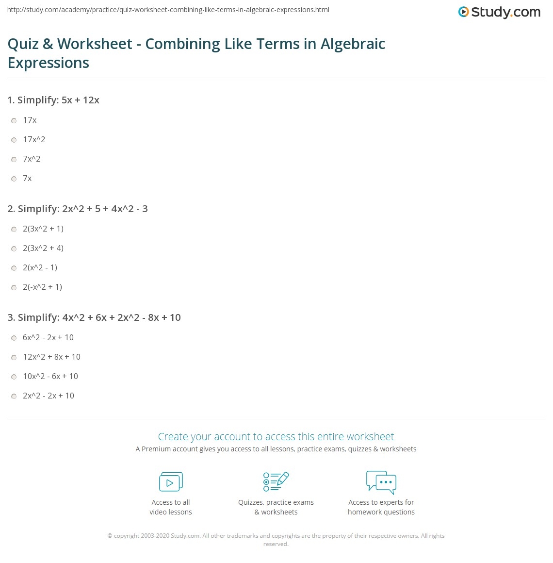 Quiz Worksheet Combining Like Terms In Algebraic Expressions Study