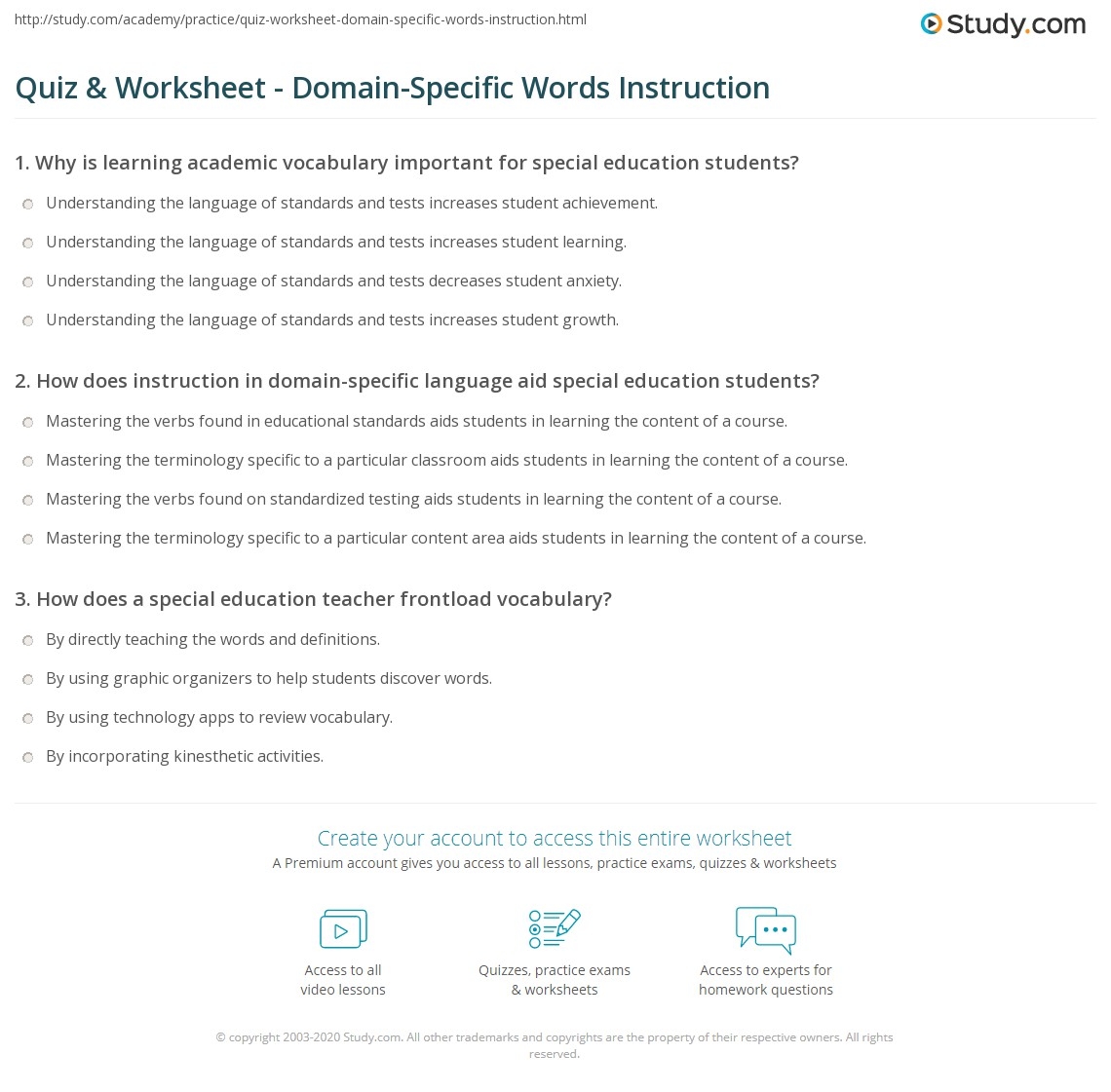 Quiz Worksheet Domain Specific Words Instruction Study