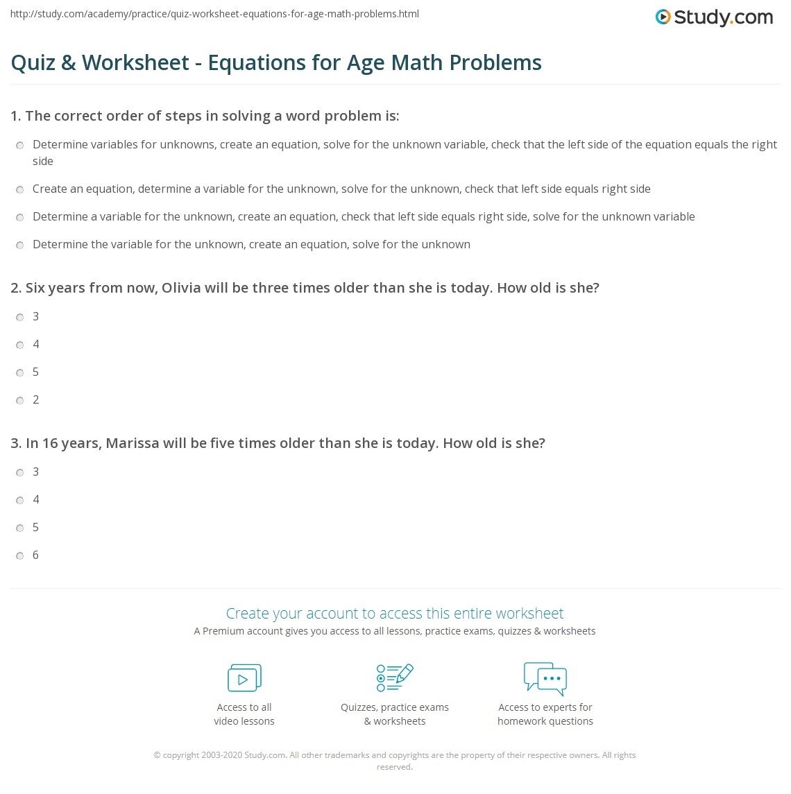 Quiz Worksheet Equations For Age Math Problems Study Worksheets Library