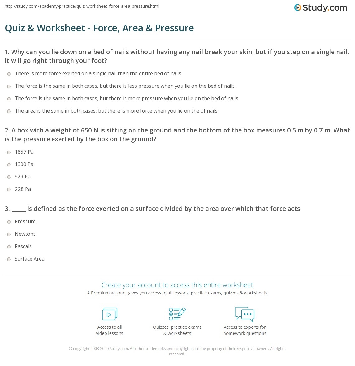 Quiz Worksheet Force Area Pressure Study