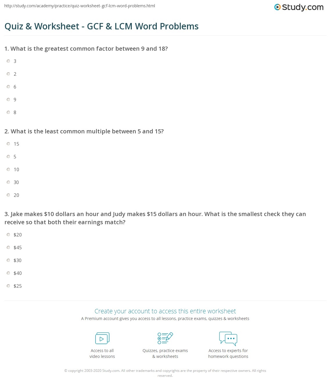 Quiz Worksheet GCF LCM Word Problems Study