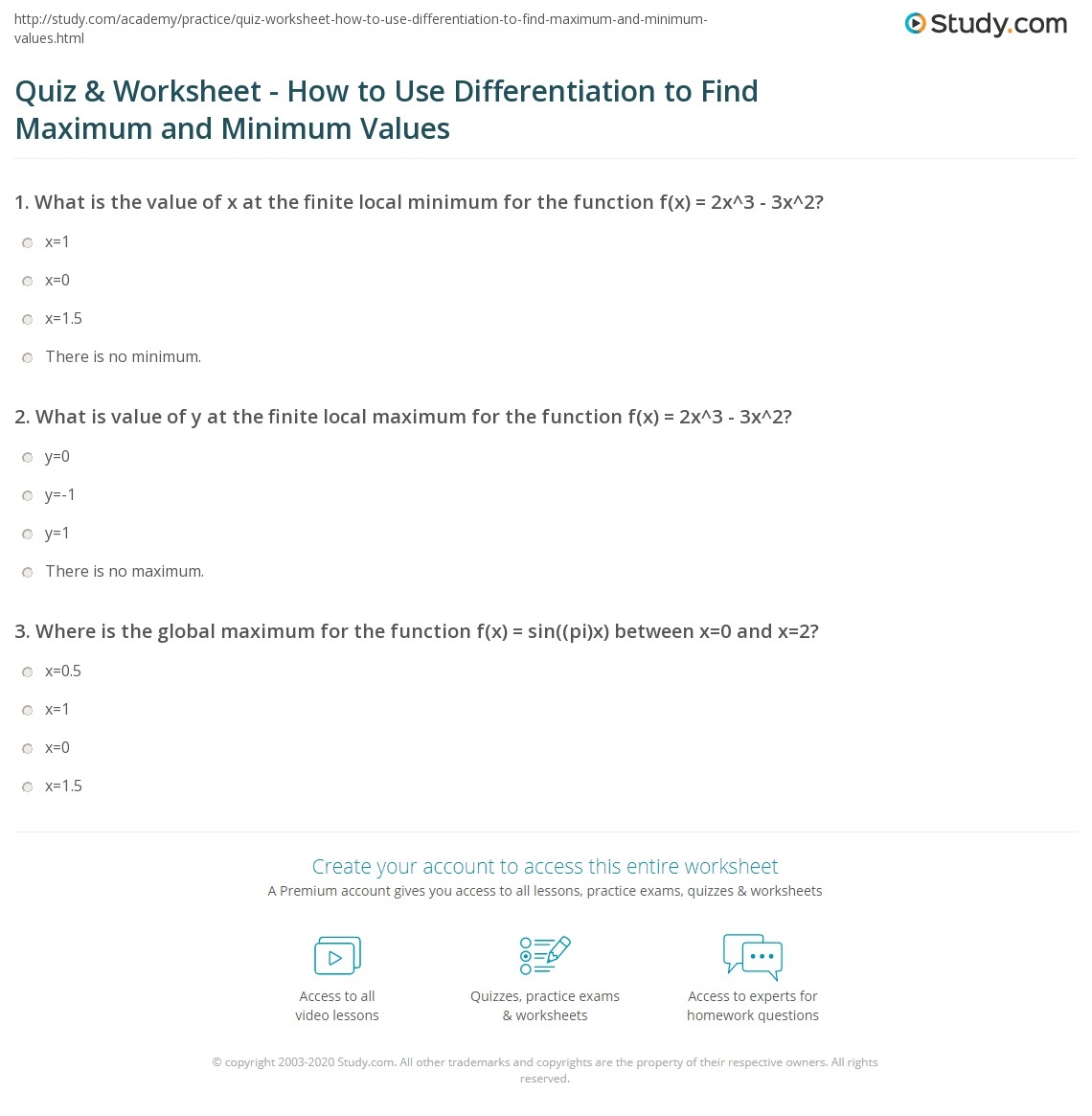 Quiz Worksheet How To Use Differentiation To Find Maximum And Minimum Values Study
