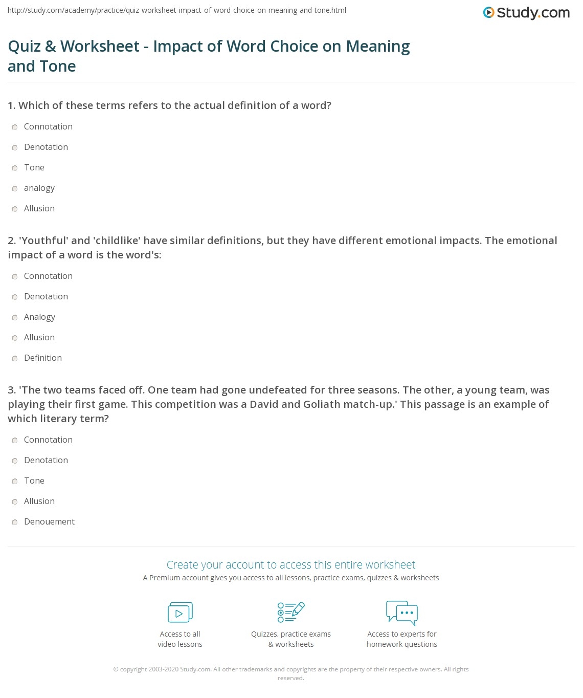 Quiz Worksheet Impact Of Word Choice On Meaning And Tone Study